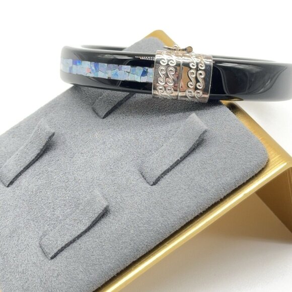 Jay King Bracelet Opal Mosaic Inlay Black Agate Micro Hinged Bangle Sterling 7.5 - Picture 4 of 10